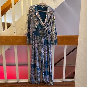 Free People Blue Velvet Jumpsuit with Paisley Design